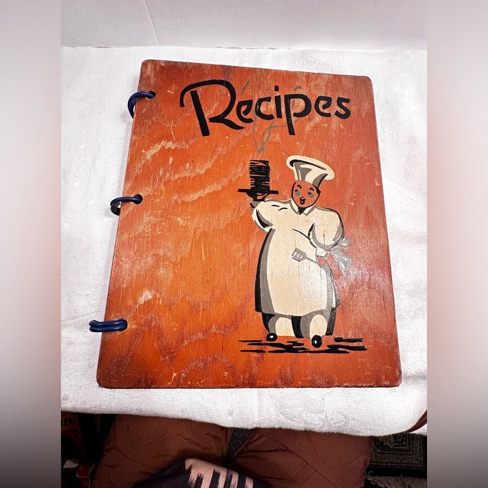 Vintage 1930/40s Wood Cookbook with Hand Painted Chef's Recipe Cookbook